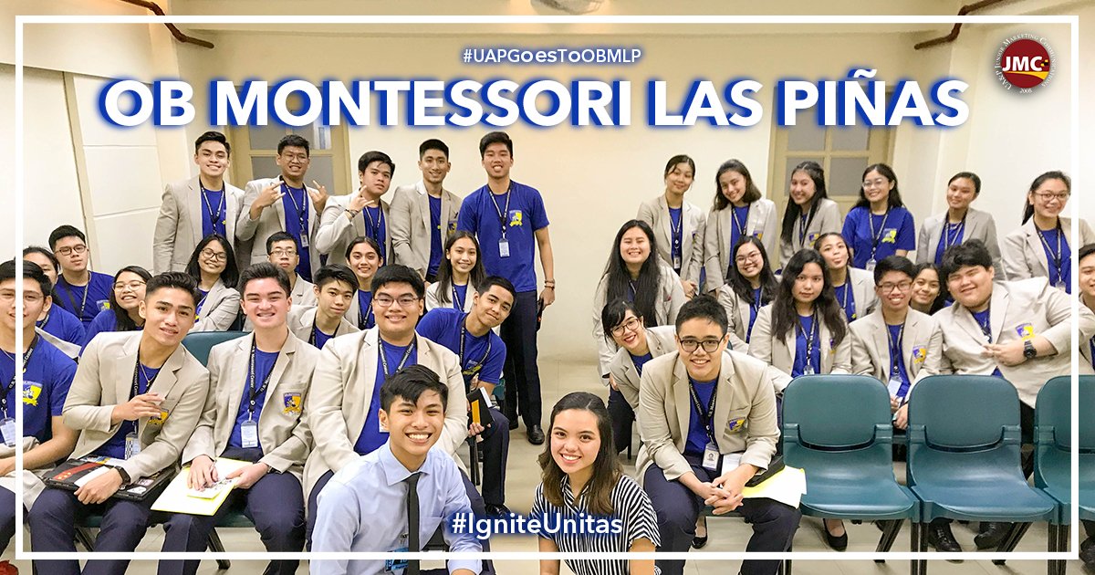 uapjmc's tweet photo. It was an OB Montessori week for JMC! 

We went from Sta. Ana, to Greenhills, to Las Piñas, and to Fairview just so we could visit our OB friends from all corners of Metro Manila. 

Our last stop is welcoming you here as students of UA&amp;P next school year!

#IgniteUnitas https://t.co/IzhdFn2X8m