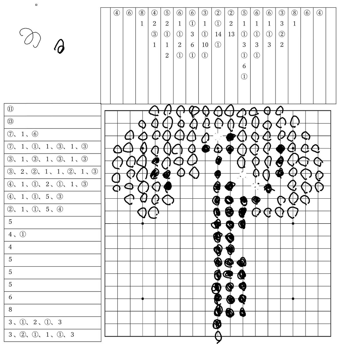 囲碁を「お絵描きロジック」のパズルにしました!
普通の数字が黒石、丸数字が白石の数です。数字のぶん、石が連続します。
縦横から類推して正しい場所に石を置いていくと、囲碁アートが現れます。
紙やパソコンはもちろん、19路盤に石を並べて解くこともできます。ぜひチャレンジしてください!