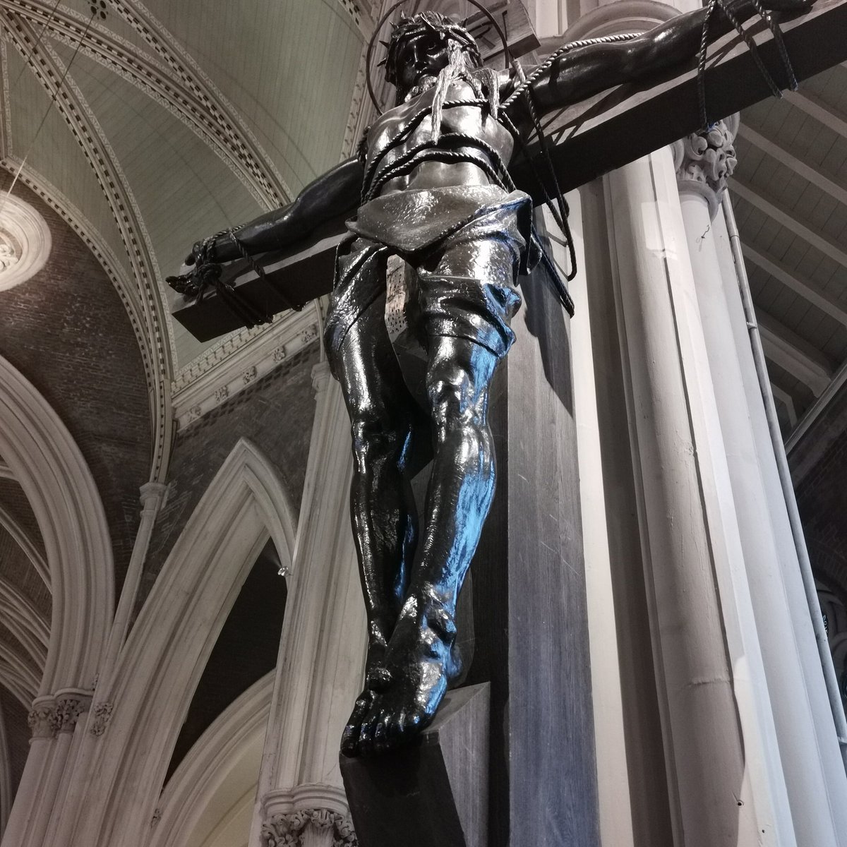 I am in church and have so many thoughts. First of all, all the statues are of buff men with ripped arms and bods including Jesus Christ on the cross.