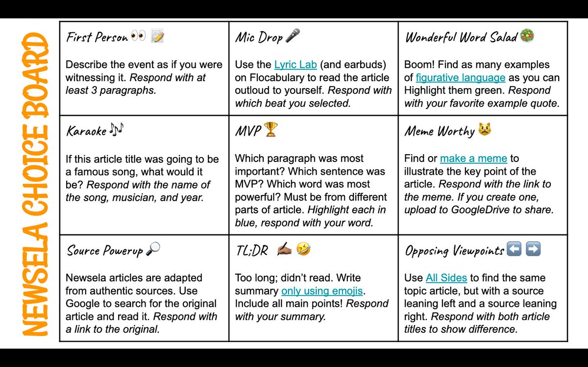 This week's choice board is for responding to <a href="/newsela/">Newsela</a> articles. A perfect activity for the day before break.