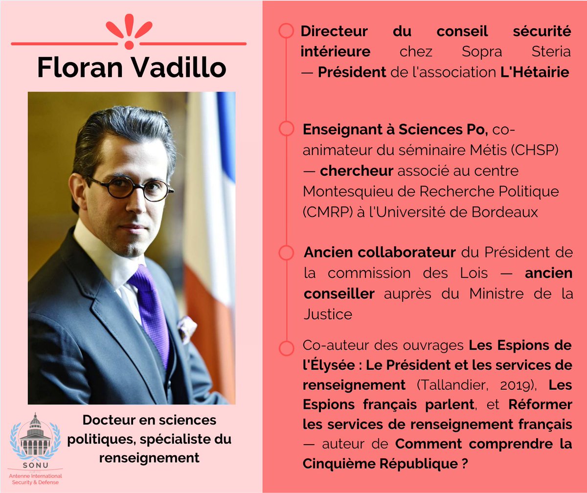 ISD_SONU's tweet photo. 📣 Conférence ISD 📣

Notre second intervenant pour la conférence sur le terrorisme est @FloranVadillo 🙌

Nous le remercions vivement et vous conseillons son dernier livre @Espions2lElysee ouvrage déjà référence sur le renseignement ! 🕵️‍♀️🕵️‍♂️

 Inscription : https://t.co/MYN8AxI07U https://t.co/iPWYJSL8XH