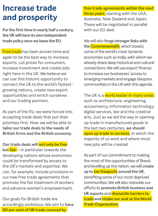 [Conservative manifesto cont]The “Free trade”slogan doesn’t say whether the UK will unilaterally scrap tariffs, keep its present tariffs and rely on free trade agreements to to do it, or somewhere in between.Nothing on trade-offs, winners-losers https://vote.conservatives.com/our-plan 14/n
