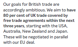 [Tory manifesto cont]The main focus: free trade deals.• To cover 80% of UK trade—so wd have to include services. And with the UK's largest trading partners, US and EU, etc. All within 3 years.1 in 3 yrs = ambitious. But all, simultaneously?16/n https://vote.conservatives.com/our-plan 