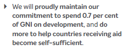 [Conservative manifesto cont]• Fair trade through trade deals—not about “fairtrade” products but about using trade to improve life in developing countries.Linked to commitment to spend 0.7% of gross national income on international aid. …19/n https://vote.conservatives.com/our-plan 