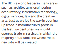 [Conservative manifesto cont]• Trade liberalisation in services—a special mention. Free trade deals aside, this would be in the WTO (deadlocked) or in a group outside it—Trade in Services (TISA) talks, also deadlocked)Makes sense, but difficult17/n https://vote.conservatives.com/our-plan 