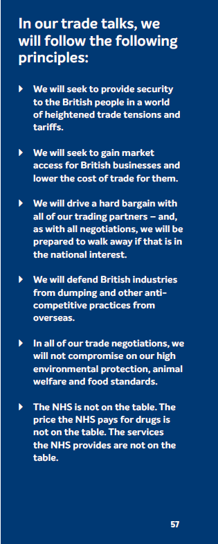 [Conservative manifesto cont]• 5 principles for trade talks, including an odd one about being tough and ready to walk away from a bad deal.Here & elsewhere; free trade talks won’t undermine the NHS, welfare and the environment—as all parties.20/n https://vote.conservatives.com/our-plan 