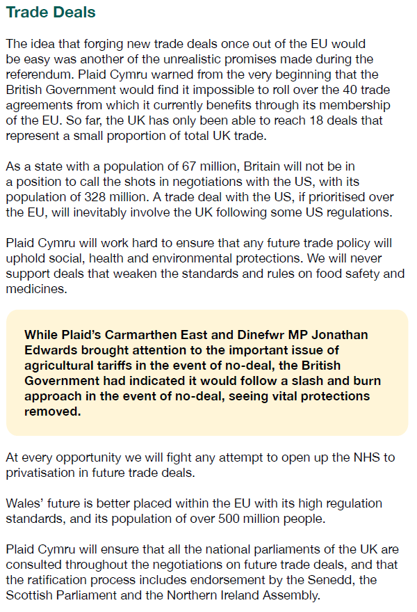 (Trade policy in manifestos—quick glance—cont.)6. PLAID CYMRU. Fully in the EU single market & customs union. Protecting social, health, environmental, food safety and medicine standards, and the NHS, in trade deals.For farm subsidies—remain.21/n https://www.partyof.wales/maniffesto_2019 