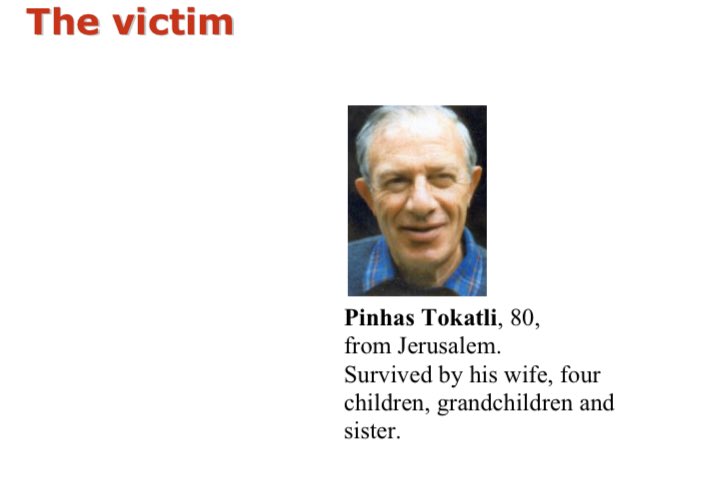 41) Organization: FatahOn January 27 2002, a 31 year old resident of Al-Am’ari refugee camp in Ramallah blew herself up on Jaffa street in Jerusalem. She was the first female suicide bomber in the conflict and is heavily glorified since. 1 killed approximated 90 wounded.