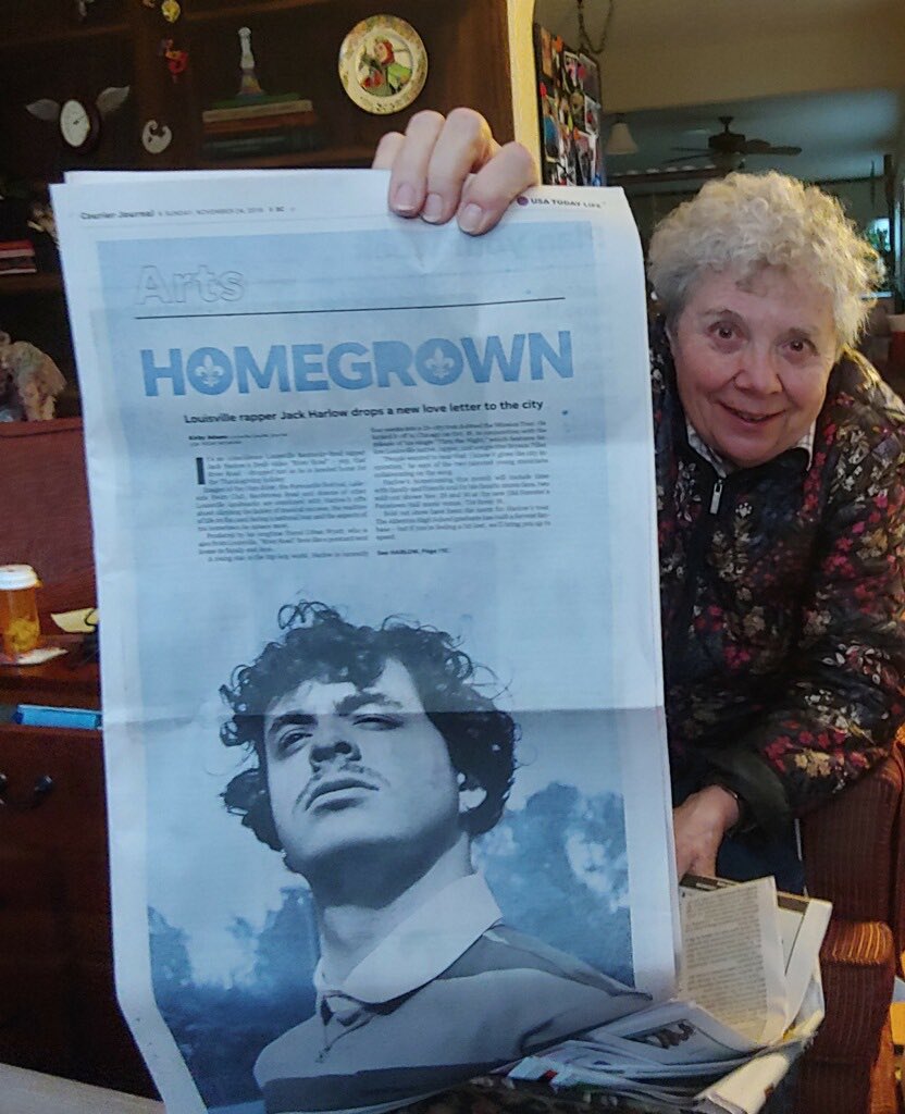 jackharlow's tweet photo. My grandma holding the local newspaper this morning https://t.co/IErnrRfUKE