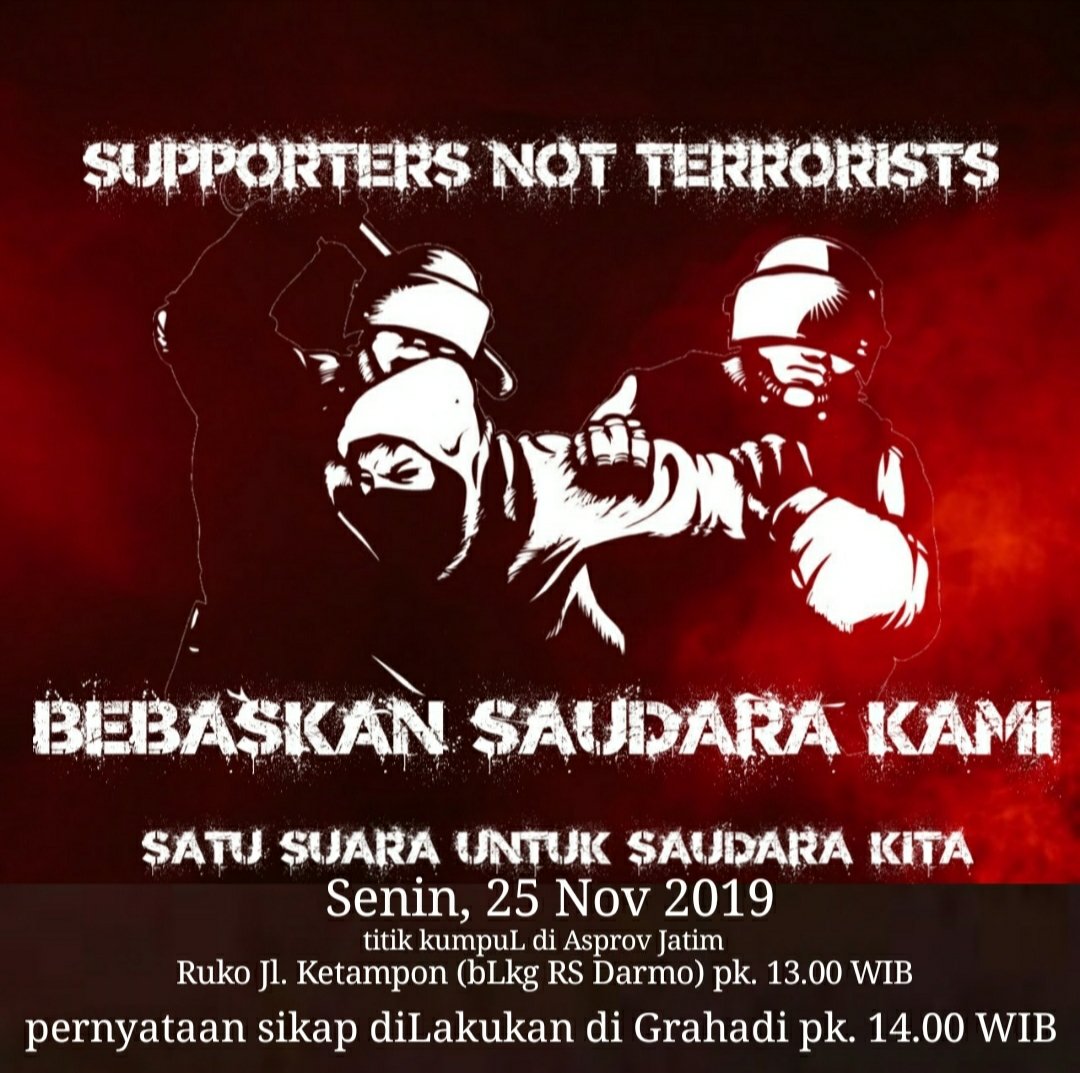 Aksi solidaritas
Yg longgar waktunya dan tentu sukarela

Mari bersama bersatu
Sampai tuntutan ini dipenuhi

Penuhi depan gedung negara Grahadi, Surabaya 

utk saudara kita,
Suporter sepak bola Indonesia yg msh ditahan di Malaysia