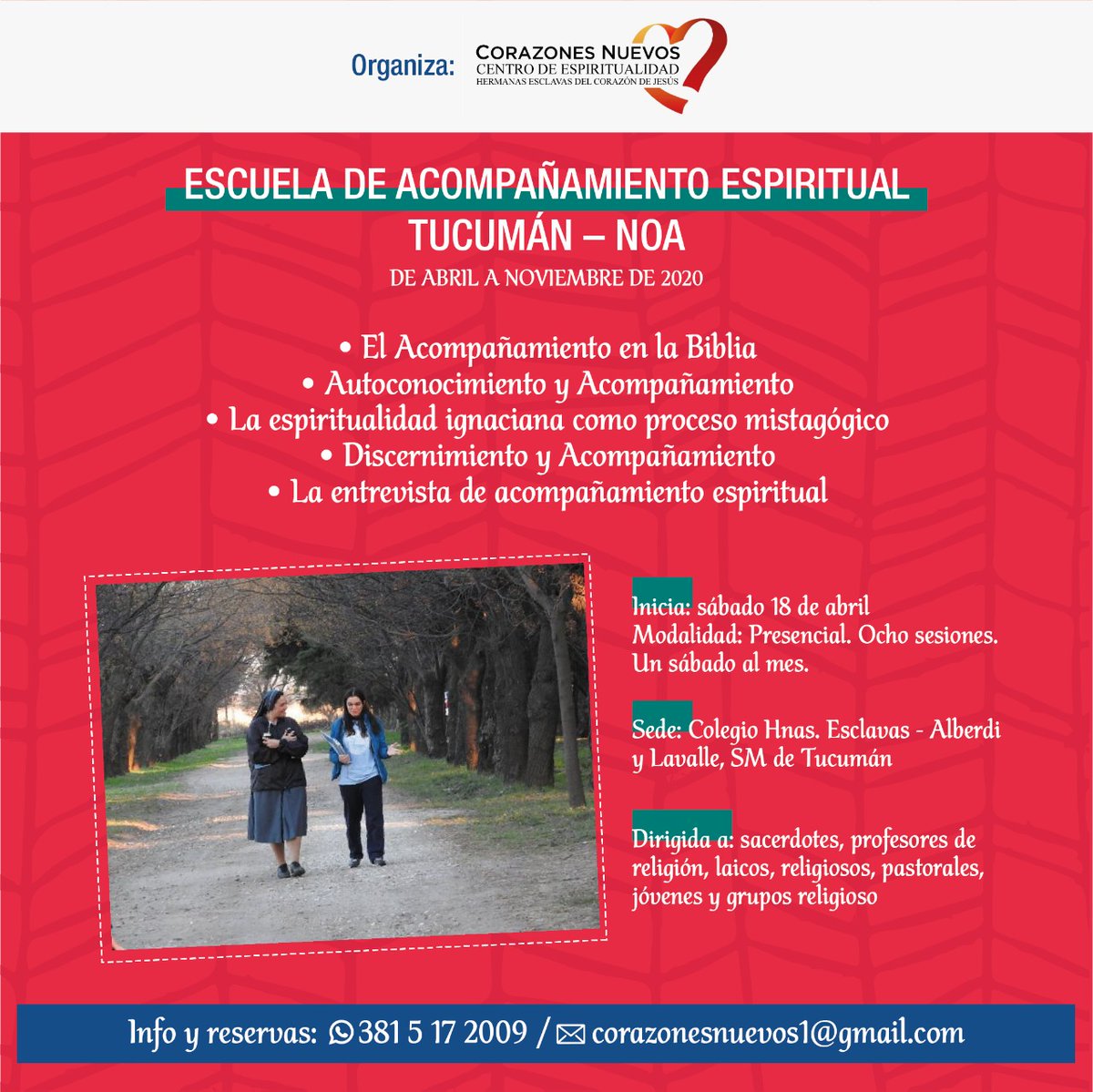 AmarYReparar's tweet photo. ¡NOVEDAD! EN 2020, ESCUELA DE ACOMPAÑAMIENTO ESPIRITUAL 

Formación para #Tucuman y #NOA 

🗓 De abril a noviembre. Reserva 381 5 17 2009

👉 Para sacerdotes, formadores de pastoral juvenil, grupos cristianos, movimientos, laicos educadores en la Fe, profesores de religión y + https://t.co/F9UgMjohYM