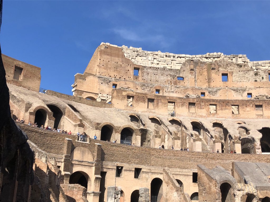 The central area of the interior within The Colosseum. This was probably how the gladiators use to view the attended audiences. But as of today, no one is required to do any more gladiatorial trials. Instead, one can now safely appreciate the beautiful higher up scenery.