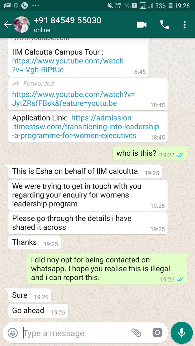 stephanienort74's tweet photo. @WhatsApp is this even allowed? Being contacted on whatsapp by  @IIM_Calcutta without my consent. A management programme with no ethics and rude sales staff  #iimcalcutta #stopbeingintrusive #cybersecurity https://t.co/KjW0qjGFvA