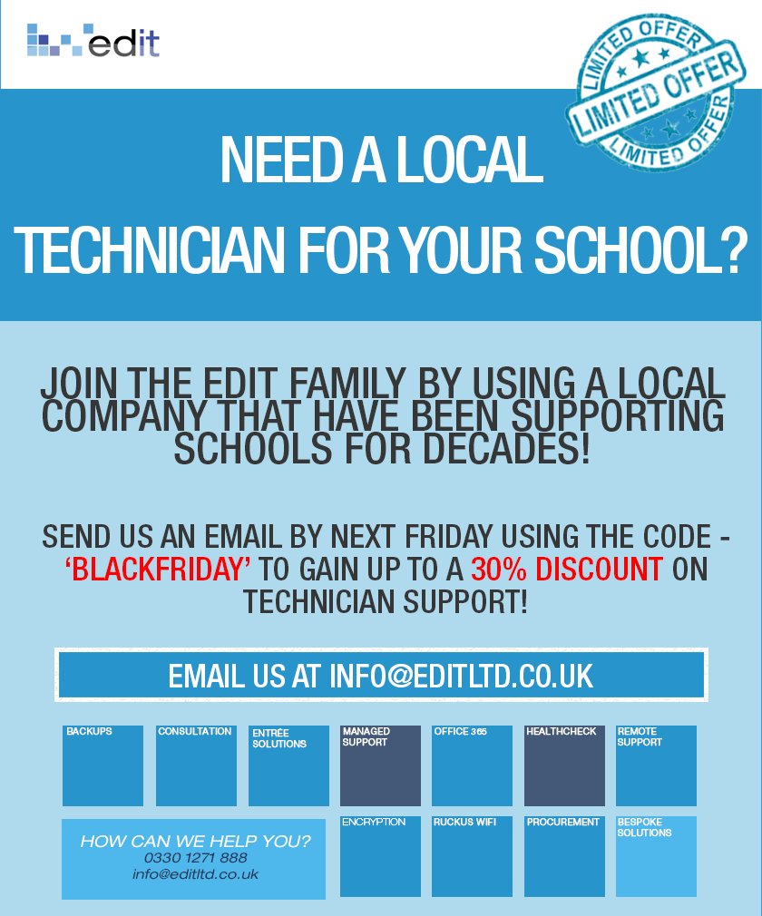 Edit_ltd's tweet image. Time is ticking! If you are a school in Birmingham you can receive up to 30% off technician support! There’s no time to waste! 
#Birmingham #TechnicianSupport #BlackFriday
