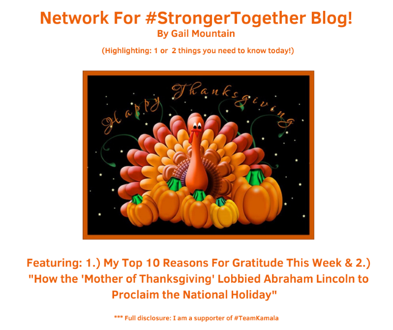 GKMTNtwits's tweet photo. #Network4StrongerTogether Blog!
1.) An Activist's Top 10 Reasons For Gratitude This Week & 2.) "How the 'Mother of Thanksgiving' Lobbied Lincoln to Proclaim the National Holiday"
https://t.co/P2HCq6RPv4 g. 💮 #Its2020Now https://t.co/uNlAjlZMDv