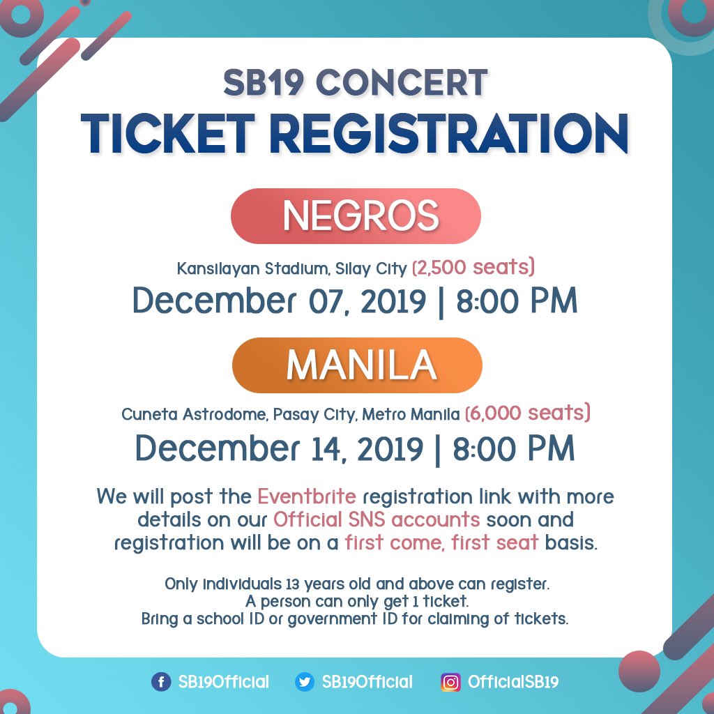 SB19Official's tweet photo. [SB19 CONCERT TICKET REGISTRATION]

GET READY, A'TINs! The long wait is over. Save these dates to score SB19's FREE CONCERT tickets! 😱

Seat number will be announced on the concert day. Keep an eye out as we announce further details on HOW TO REGISTER. Don’t miss it! https://t.co/e9pDaiLR1G
