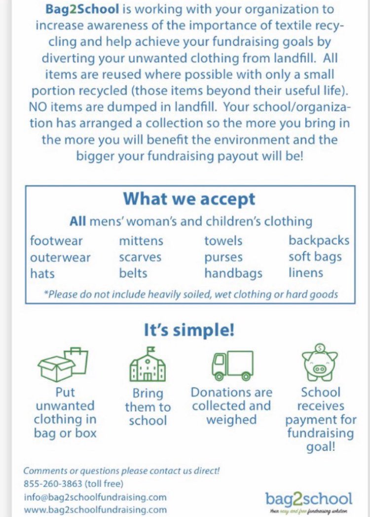 One week until our <a href="/bag2schoolna/">Bag2School N.A.</a> clothing drive begins, start gathering your donations. Drop off donations December 2-13 in your classroom <a href="/WhaleysCorners/">Whaley's Corners PS</a> families