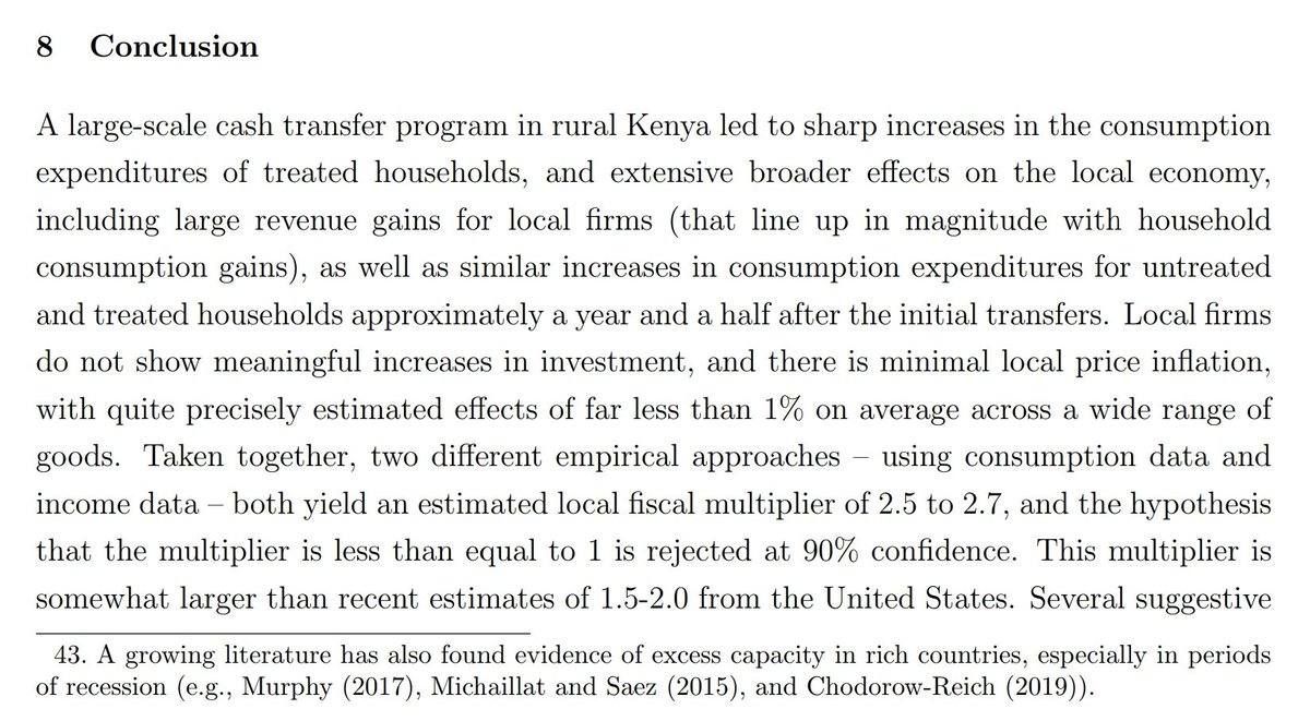 In what is among the first ever RCTs to evaluate the macroeconomic effects of cash transfers, a large unconditional cash grant by @Give_Directly equivalent to 15% of GDP increased prices by less than 1%, and grew local economies by almost $3 per every $1. http://emiguel.econ.berkeley.edu/assets/miguel_research/88/GE-Paper_2019-11-20.pdf