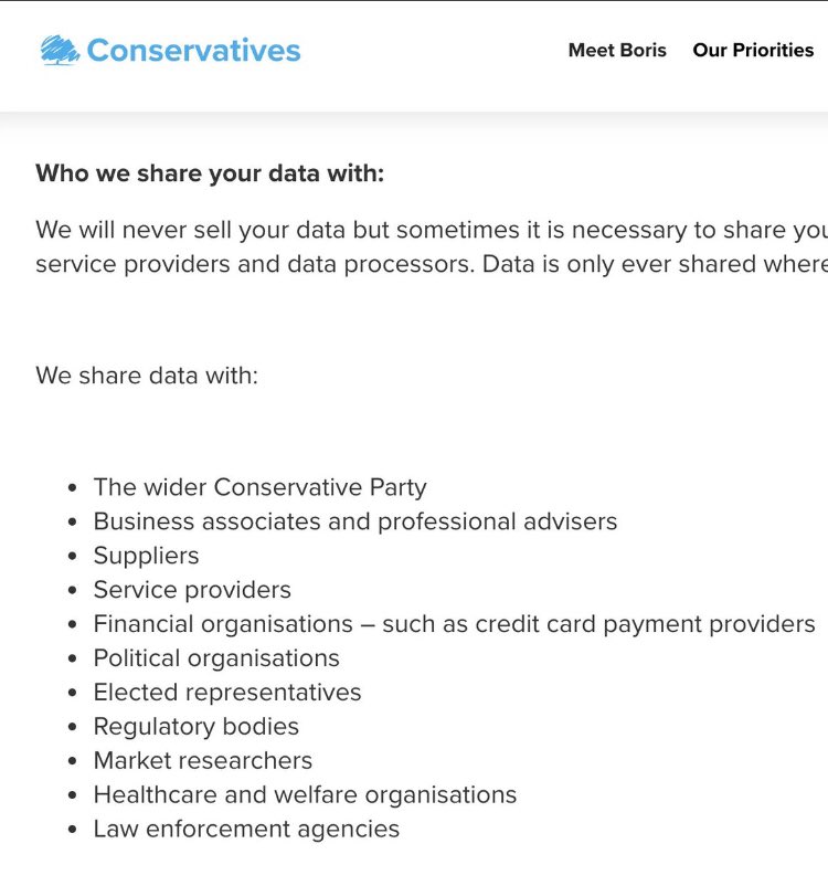 carolecadwalla's tweet image. Oh look. The Conservatives want access to your Facebook page &amp;amp; email which they pledge not to share with anyone outside Conservative party apart from - reads small print- businesss associates, financial orgs, market researchers, healthcare orgs &amp;amp; law enforcement agencies...