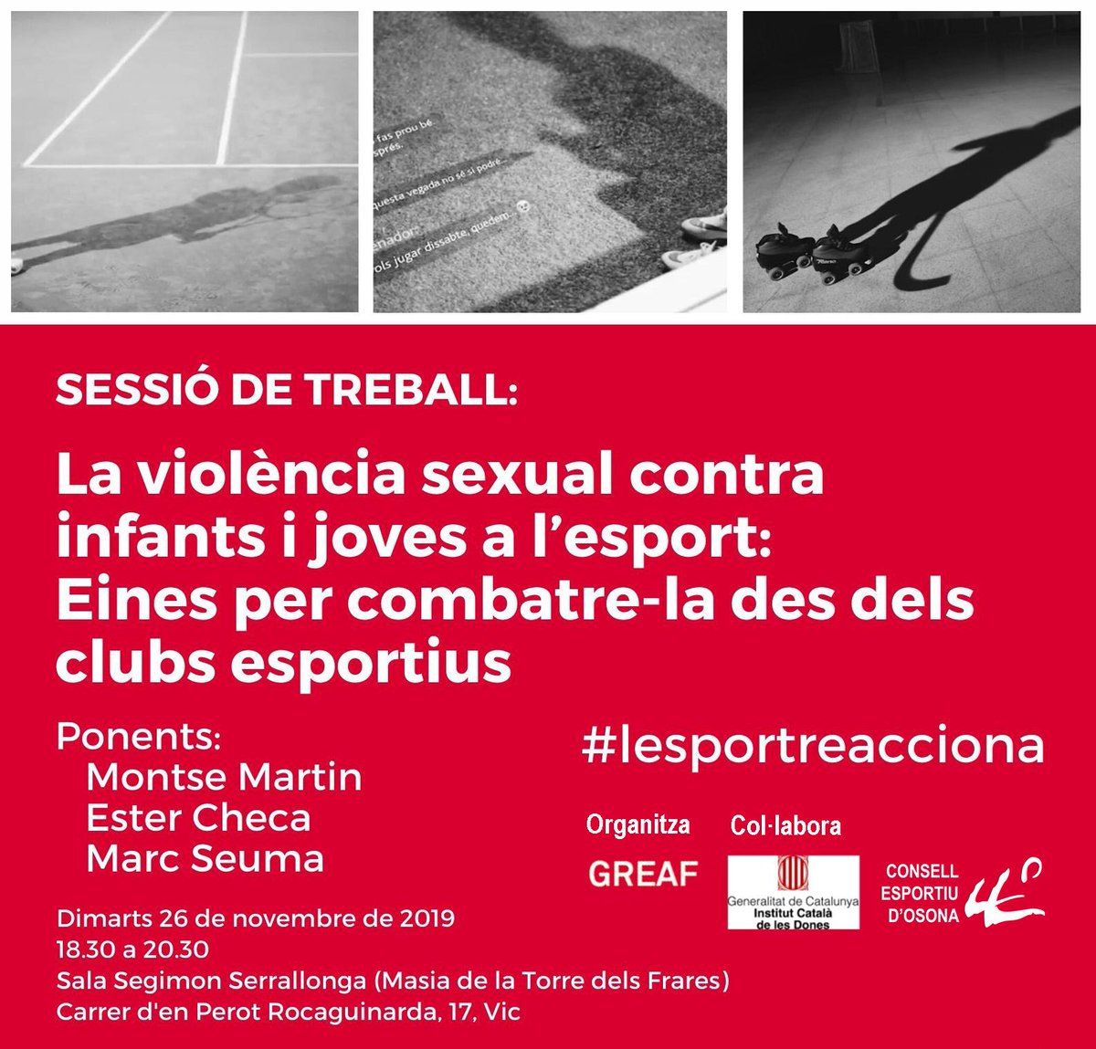 La violència sexual contra infants i joves a l'esport:⠀
Eines x combatre-la des dels clubs esportius
🗓 Dimarts 26 de novembre
🕗 De 18.30h a 20.30h
📍 Masia Torre dels Frares #Vic
ℹ️ Inscriu-te a buff.ly/2NicYd2
#lesportreacciona 
<a href="/uvic_GREAF/">GREAF</a>