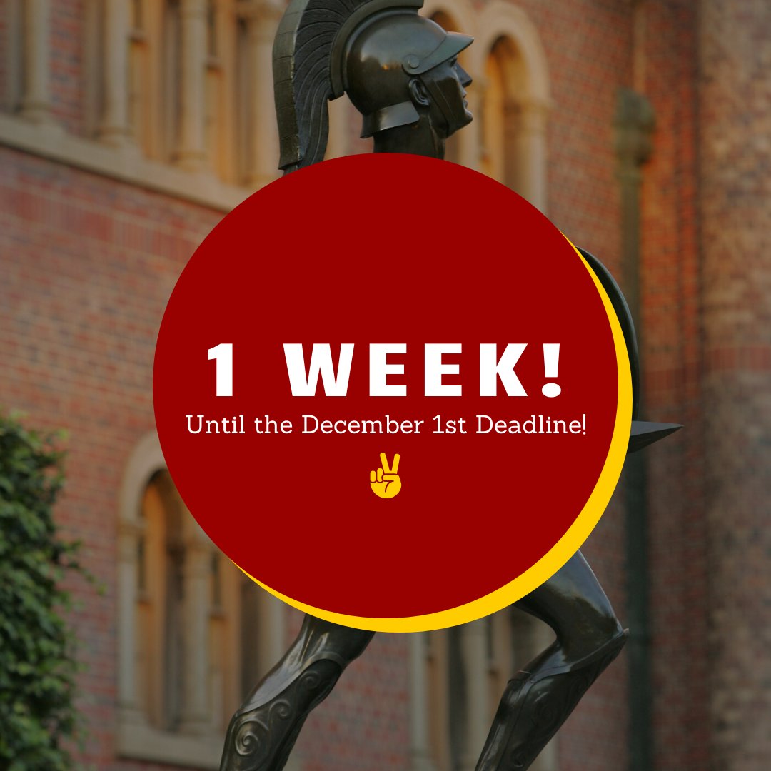 USCAdmission's tweet image. The December 1 application deadline is a week away! Be sure to submit all materials by 11:59PM in your time zone to be considered for first-year merit-based scholarships, as well as admission to certain majors for both first-year and transfer applicants. ow.ly/QquJ50wXJPX