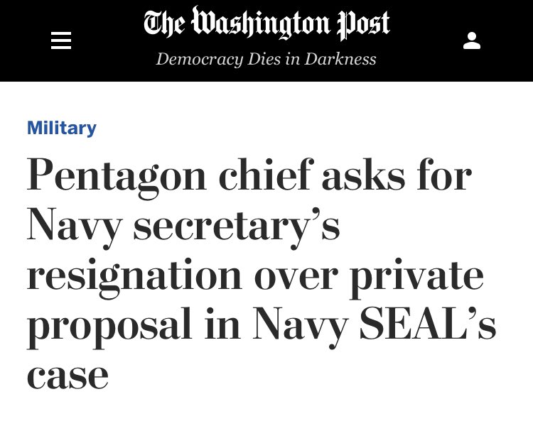 Another of  @kaitlancollins' Fake Sourced stories goes bust. 24 hours ago, at 5:03, she tweeted that SecDef Esper raised concerns with the WH regarding Trump's move on Navy SEAL Gallagher. Yet now comes the news that Esper fired the Navy Sec for trying to upstage Trump on this!