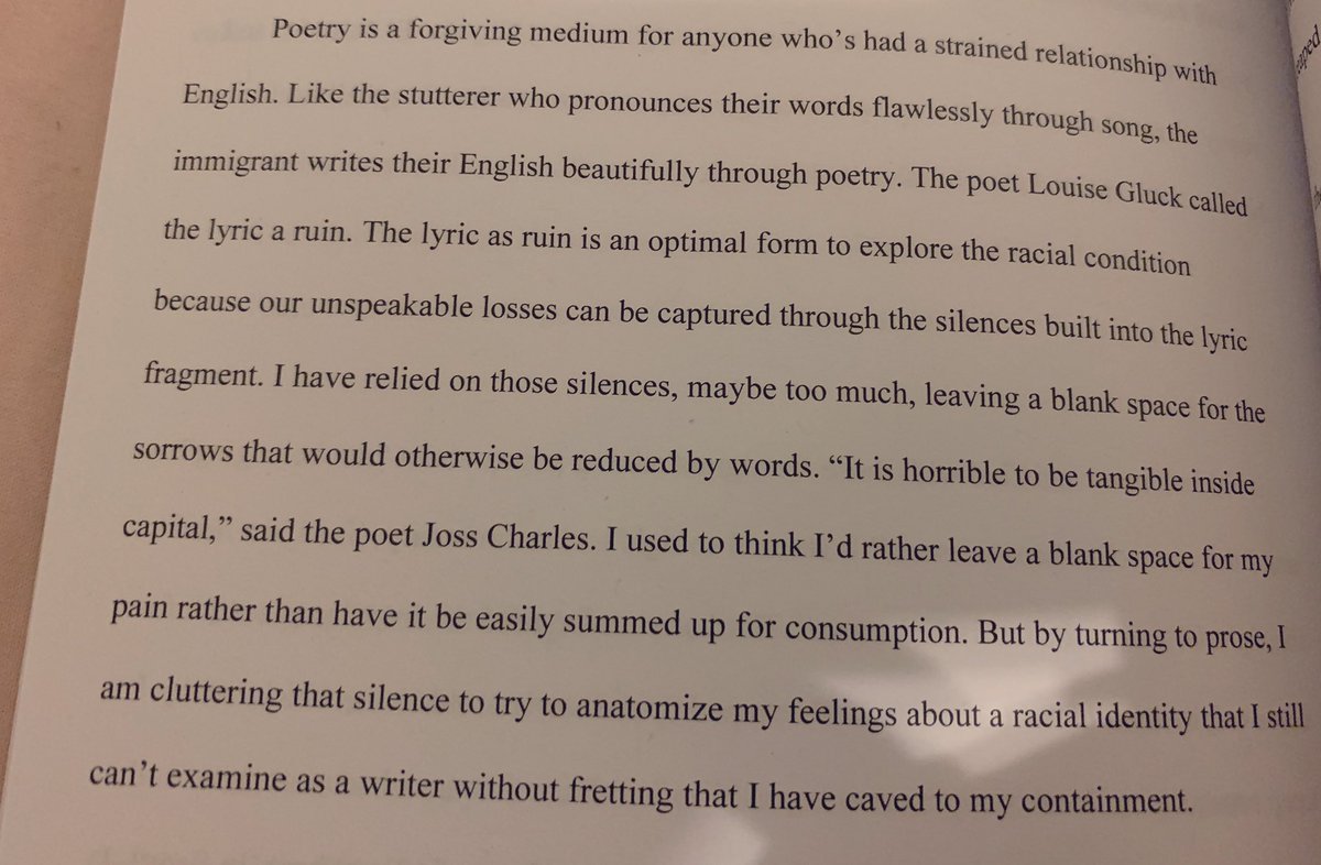 “Poetry is a forgiving medium for anyone who’s had a strained relationship with English.”Stumbled upon this in  @cathyparkhong’s new book Minor Feelings. Thinking about how poetry is at once a genre where “mastery” of language is praised... & a way to experiment, to unmaster