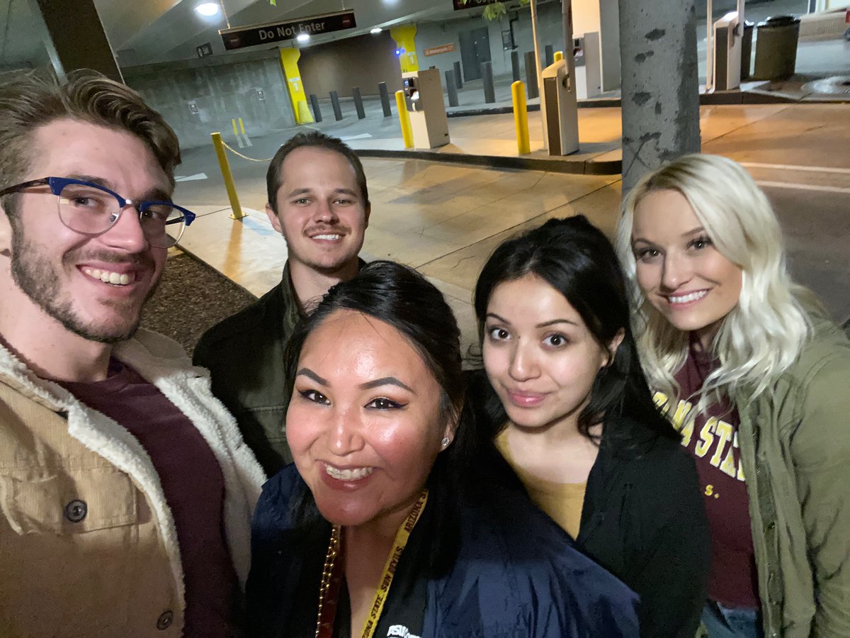 CommLabASU's tweet photo. Congratulations on the #ASUHomecoming win, #SunDevils! ☀️😈🏈 Some of our mentors had a great time cheering on our team! #CommLabASU #ForksUp https://t.co/p9oHZ1rQbx