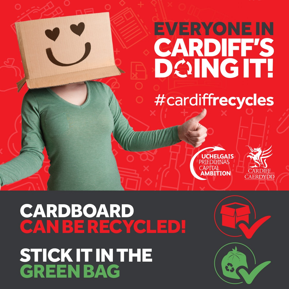 cardiffcouncil's tweet image. Everyone in Cardiff’s Doing It! Cardboard can be recycled. Stick it in the green bag #CardiffRecycles #Cardiff Click here to visit our A-Z of Recycling: socsi.in/htWdl