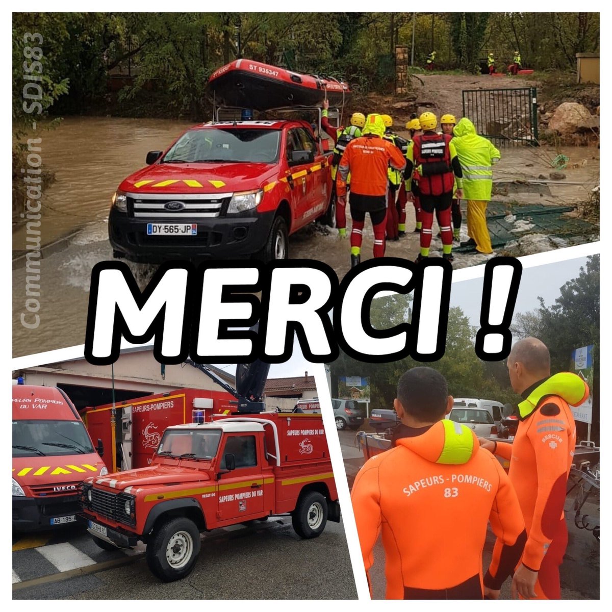 Prefet83's tweet photo. 🤝 Merci aux sapeurs-pompiers du @SDIS83 et renforts du @SDIS04, @sdis05, @sdis11, @Pompiers_13 , @MarinsPompiers, @pompiersdugard, @SDIS34, @sdis84 et de l’@Uiisc7 pour leur mobilisation avec @SecCivileFrance pour la protection des populations lors des #inondations dans le #Var https://t.co/3PzCsmanjk