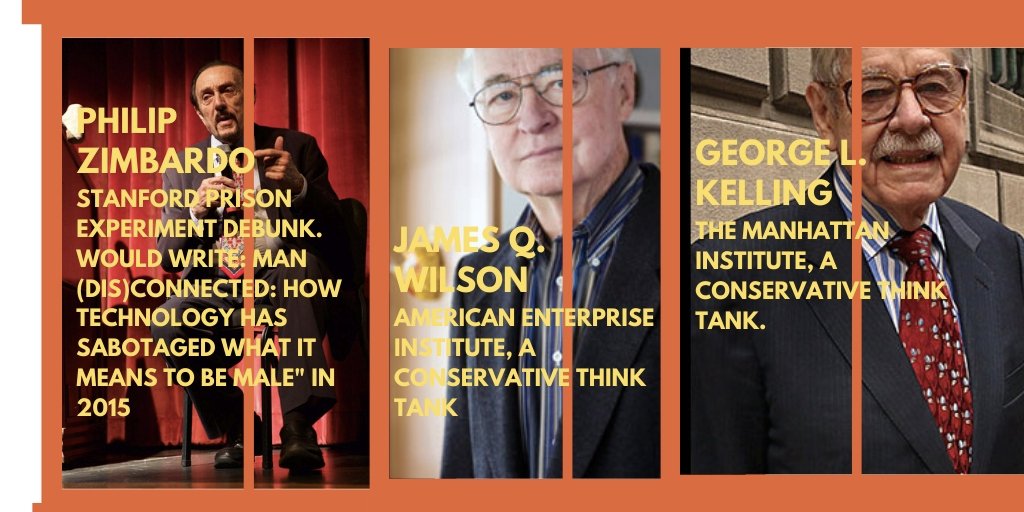 13/ In conclusion, what lenses were these three men viewing these "Broken Windows" with? James Q. Wilson would join American Enterprise Institute, a conservative think tank as would George L. Kelling when he joined The Manhattan Institute, a conservative think tank.
