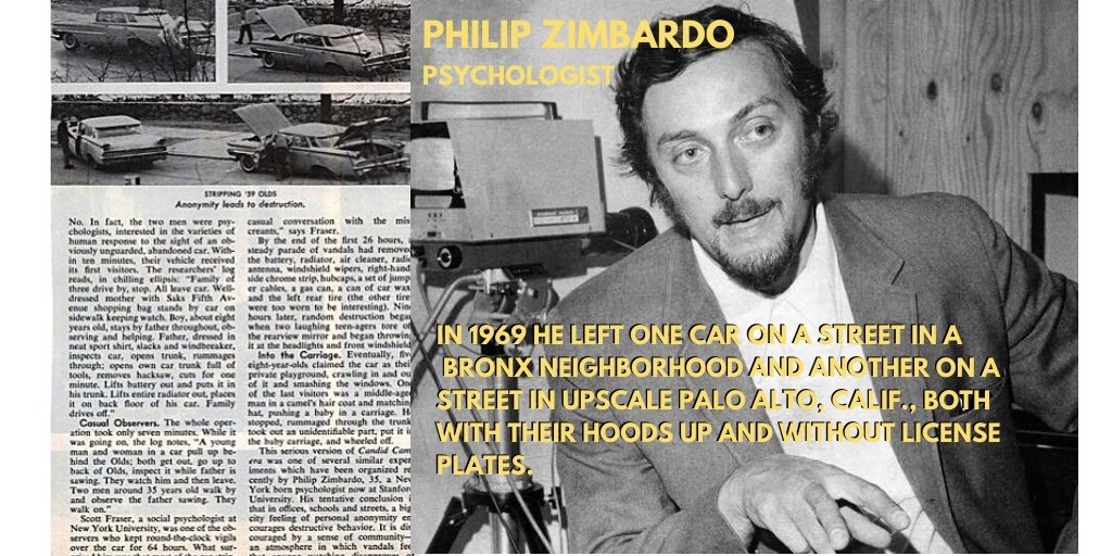 3/ The car placed in the Bronx was stripped within 24-hours. The car in California was untouched for a week. It wasn't until Zimbardo smashed its windows and hood with a sledgehammer that it invited vandalism. Zimbardo concluded that a broken window "encourages crime."
