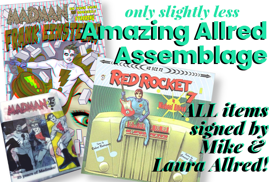 BWP_EUG's tweet photo. NEWLY ADDED! #Eugene locals & #Eisner winners @AllredMD & #LauraAllred have generously donated SUPER GINCHY SWAG! There's 3D #Madman goodies & rock'n'rollin' #RedRocket7 stuff, all signed by the masters of pop-art comics! CHECK OUT OUR #CROWDFUNDING NOW https://t.co/E7LDgZ6e2p https://t.co/jECaNU5ohK
