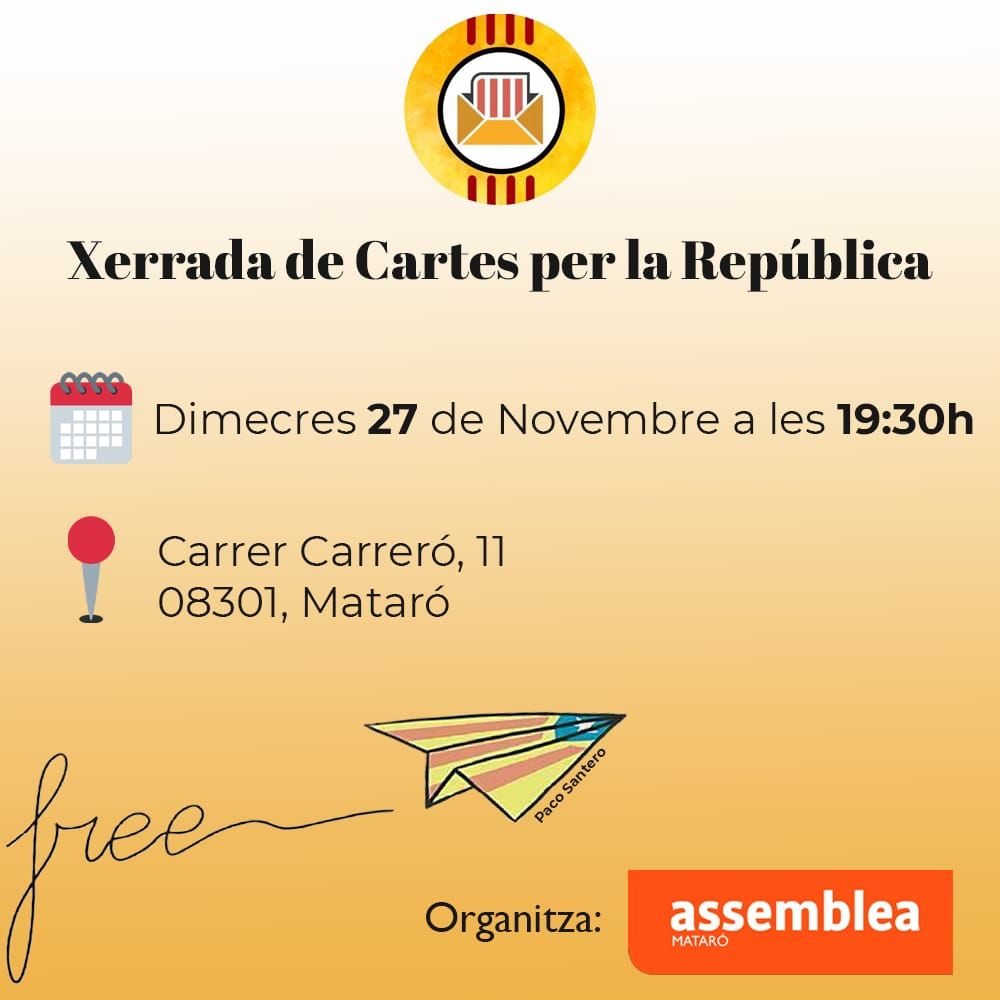 🔊 Vine a conèixer de primera mà l'activitat dels companys de <a href="/CartesxRep/">Cartes per la República</a>!! 📫

📆 Dimecres 27/11
🕓 19:30h
📌 Local ANC Mataró 🏠

🗣 Denunciem les injustícies d'aquest estat demofòbic arreu!!
📩📩📩📩📩📩📩📩📩📩📩📩