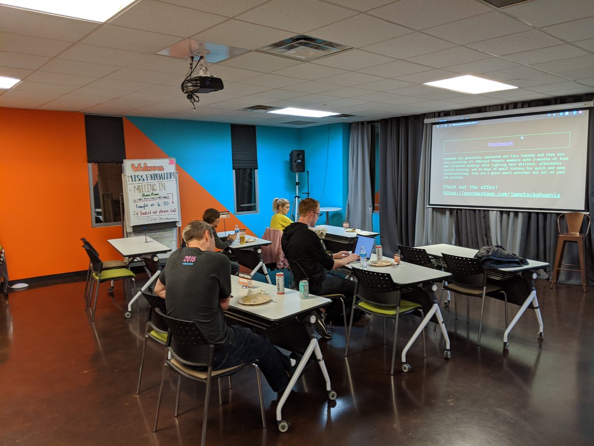 JAMstackPHX's tweet image. Thanks to everyone who came to the Theme-UI Event despite the crazy weather! And special thanks to our sponsors @postmarkapp and @gatsbyjs
Tacos at a #PostmarkPizzaParty! 🌮
Stay posted for news about Holiday JS A huge event between all the JS groups in Phoenix for December!