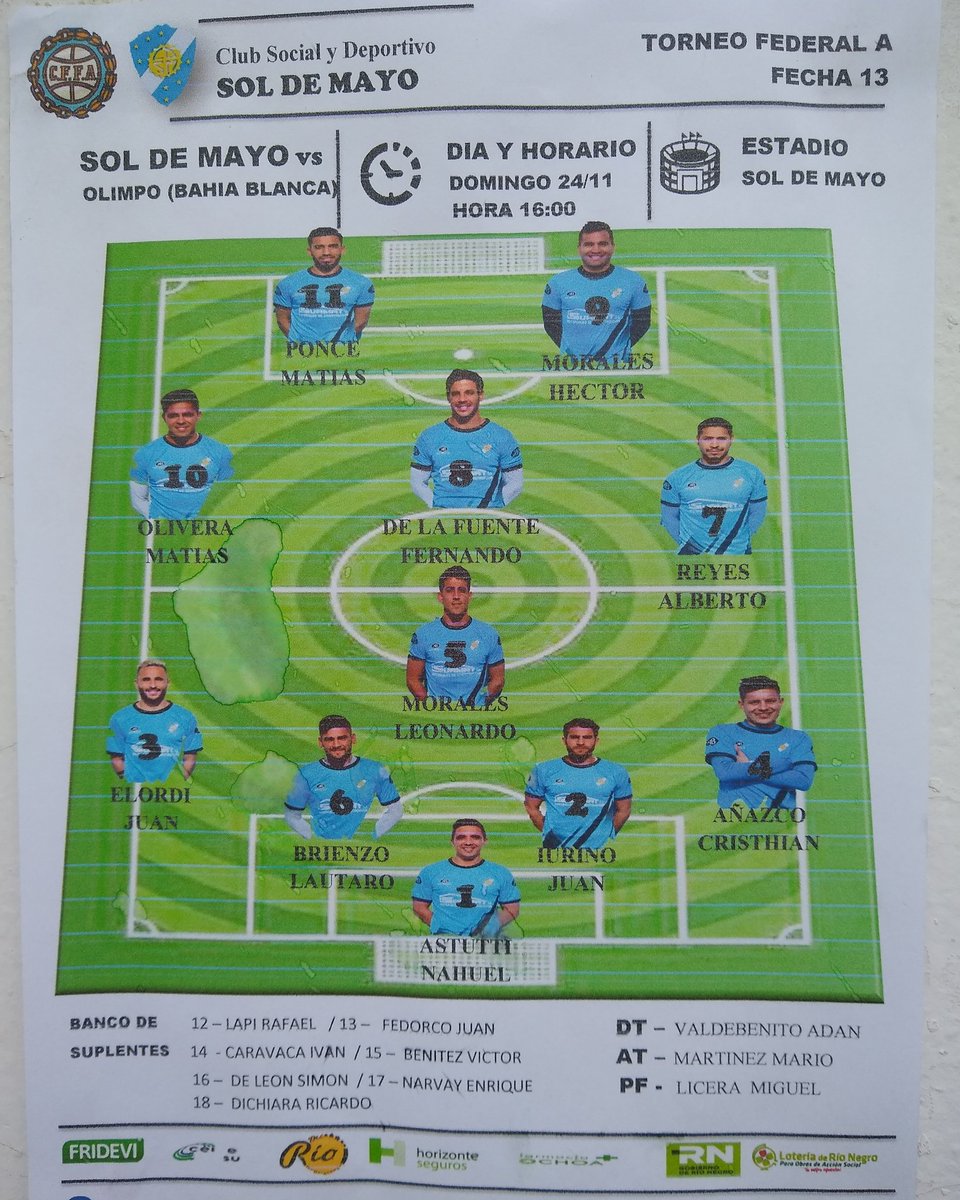 Soldemayoficial's tweet photo. Con equipo confirmado, Sol de Mayo saldrá a la cancha con los siguientes 11 para enfrentar a @Olimpo_Oficial.
 #VamosSol #SolDeMayo. 
Suplentes: 12/Lapi 13/Fedorco 14/Caravaca 15/Benítez 16/De León 17/Narvay 18/Dichiara https://t.co/41mvAadKc3