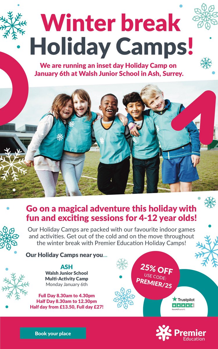 We are running an Inset day holiday camp at Walsh junior School in Ash Surrey on Monday 6th January 2020 . Book spaces now at premier-education.com