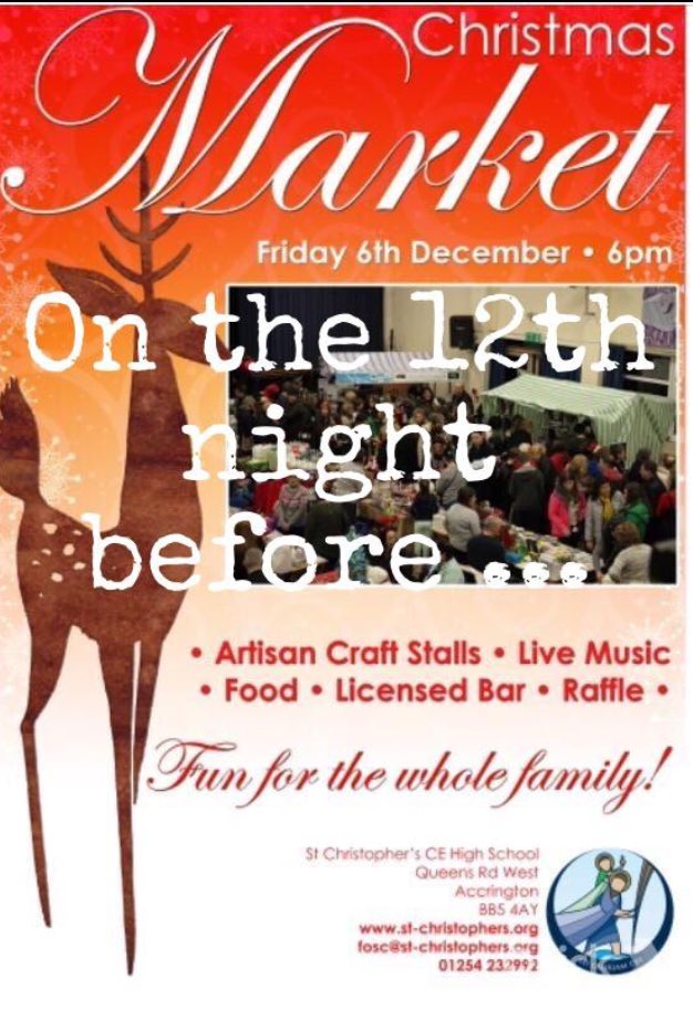 The countdown has begun,  12 days before THE Christmas market🎅🏻🎄
🎶On the twelfth day before THE Christmas Market FOSC brought to me twelve books of raffle tickets🎵Do they have your name on? Still time to buy yours- from school reception. 😊Parents: remember to return Stubbs.⭐️