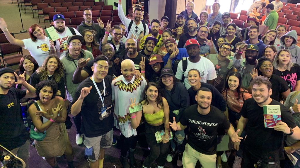 MiamiBookFair's tweet photo. After attendees received great insight on building a brand or business, it was only right to take a @bobbyhundreds classic photo! #MiamiBookFair2019 @MDCollege #MBFSupport2019 https://t.co/96Ir5jXghZ