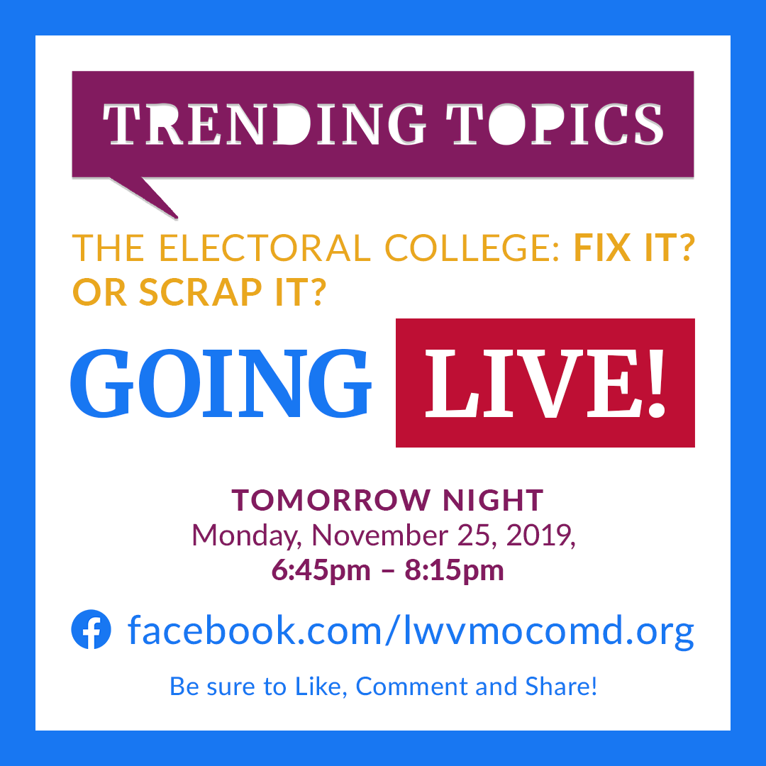 MoCoMDLWV's tweet photo. Can’t join us in person at the Wheaton Regional Library? Watch our live stream! Be sure to like, comment, share and use the hashtags #TrendingTopicsLWV #ElectoralCollege https://t.co/nhzVDniaLE
