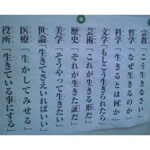 大介師匠 在 Twitter 上 宗教 こう生きなさい 哲学 なぜ生きるのか 科学 生きるとは何か 文学 もしこう生きられたら 芸術 これが生きる形だ 歴史 それが生きた証だ 美学 そうやって生きたい 世論 生きてさえいればいい 医療 生かしてみせる