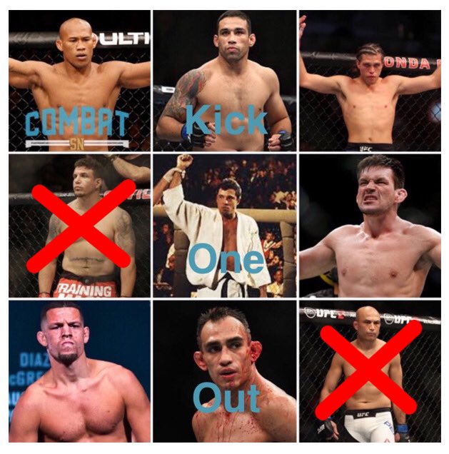combat_sn's tweet image. 🚨🚨🚨🎮 Elimination game 🎮 🚨🚨🚨

🥊KICK ONE OUT🥊

Round 1: BJ PENN OUT❗️
Round 2: MIR OUT❗️

Who are you eliminating next? 

Next round in 48 hours #MMA #ufc #ufcfightnight #follow #mmamemes #khabibtime #knockout #follow #retweet #comment