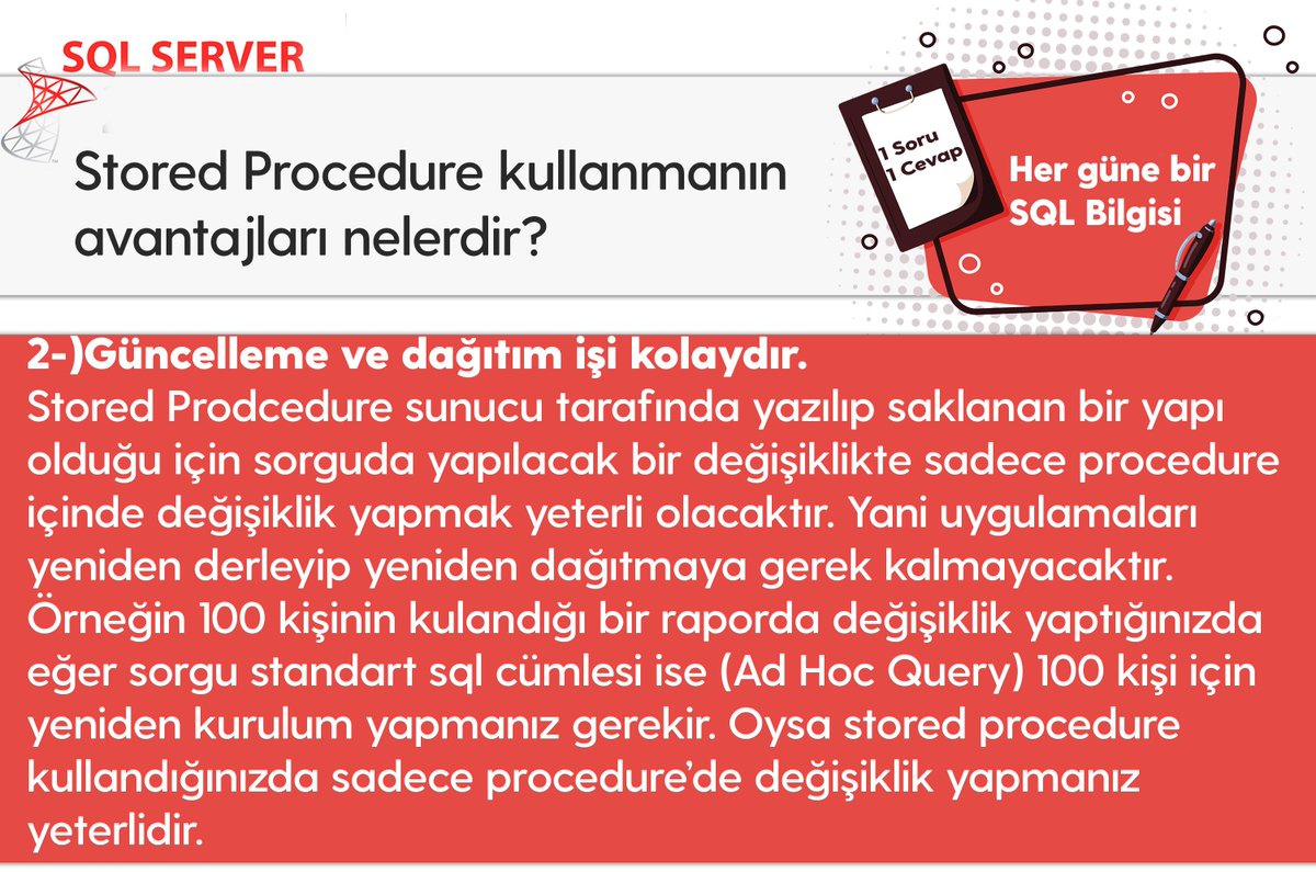 omer_colakoglu's tweet photo. Stored procedure kullanmanın avantajları nedir?-2
#hergüne1sqlbilgisi 
#storedprocedure #storedprocedureavantaj
#sql #sqlserver #sqlservertips #mssql #tsql  #sqlperformance  
#ocolakoglu #udemysql https://t.co/fQxIoA9TzE