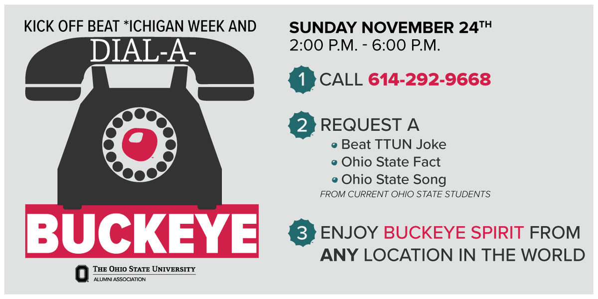 OhioStateAlumni's tweet image. Alu❌ni clubs: Call us before 6 p.❌. EST and talk to a current @OhioState student and celebrate #BeatTTUN week! 

☎ 614-292-9668 ☎