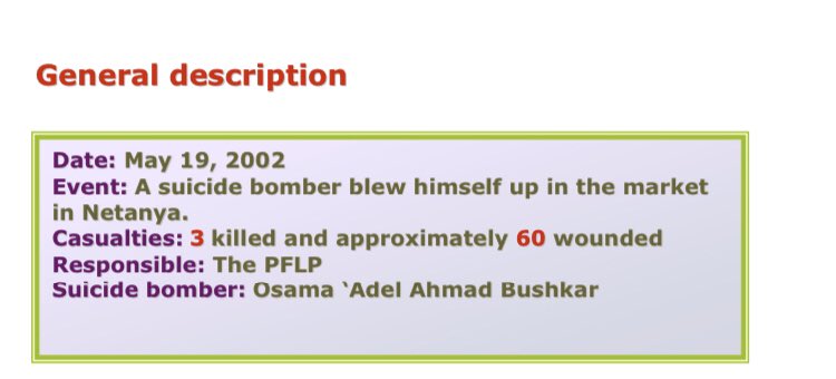 73) Organization: PFLPOn May 19 2002, an 18 year old resident of Askar (near Nablus) reached the market in Netanya dressed as an IDF soldier with a black bag and blew himself up. 3 killed, 60 wounded.