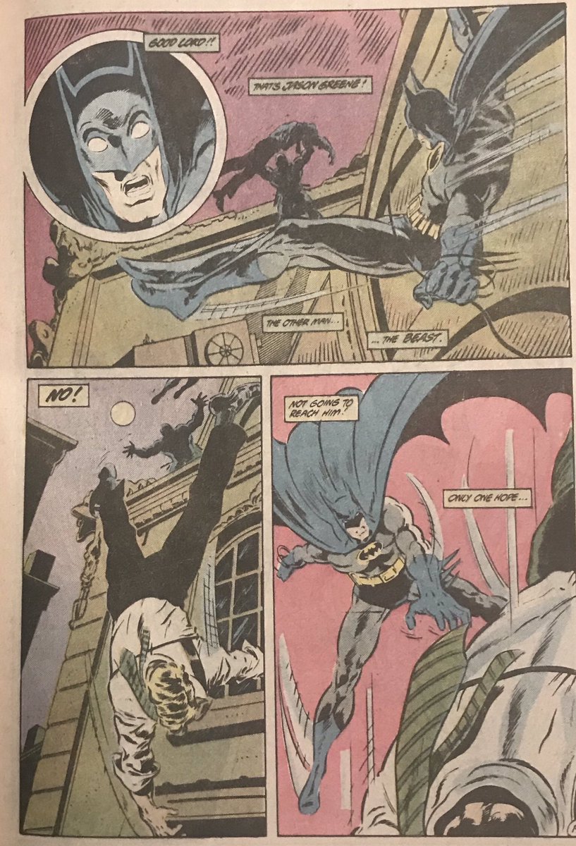 I talk a lot about action art and sequencing, here Aparo shows you how it is done, tracking Batman through every step of a fall from a building. Budding artists, take note!