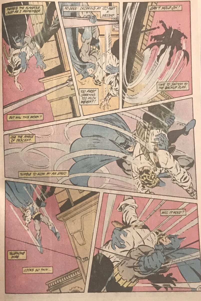 I talk a lot about action art and sequencing, here Aparo shows you how it is done, tracking Batman through every step of a fall from a building. Budding artists, take note!