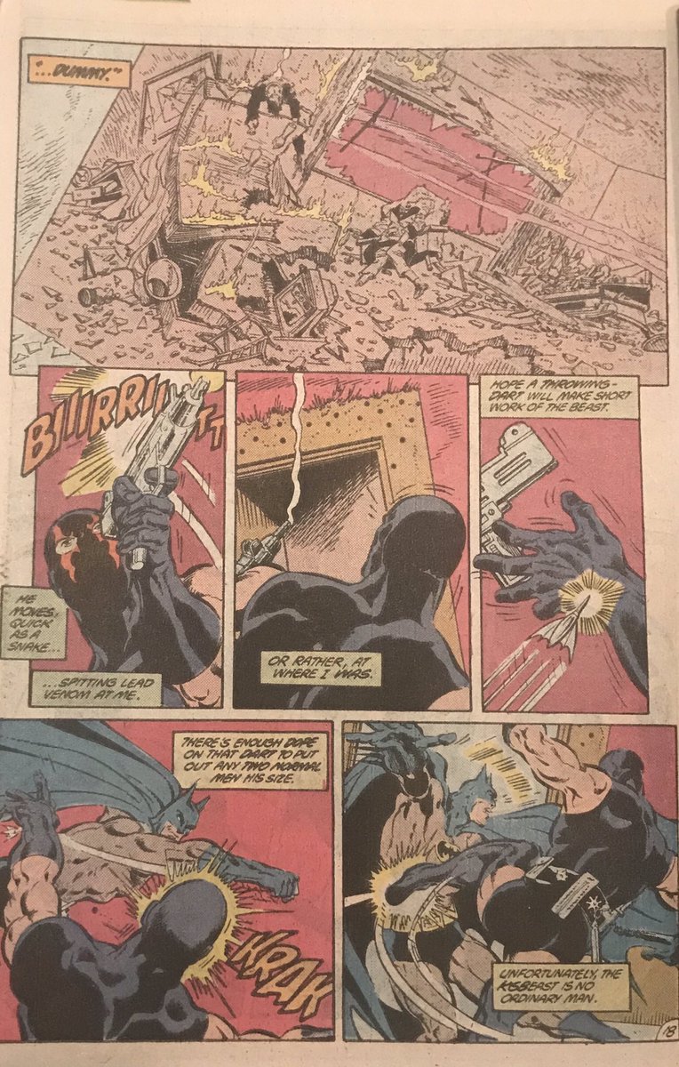 Aparo is a master of body positioning, he draws characters reacting to blows in such a way as to convey the strength of the blow. Check, for example, panel 6, both the Beast’s kick and Batman’s body reacting to it are perfect.