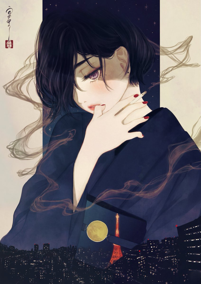 kimono solo japanese clothes hair over one eye nail polish sash purple eyes  illustration images