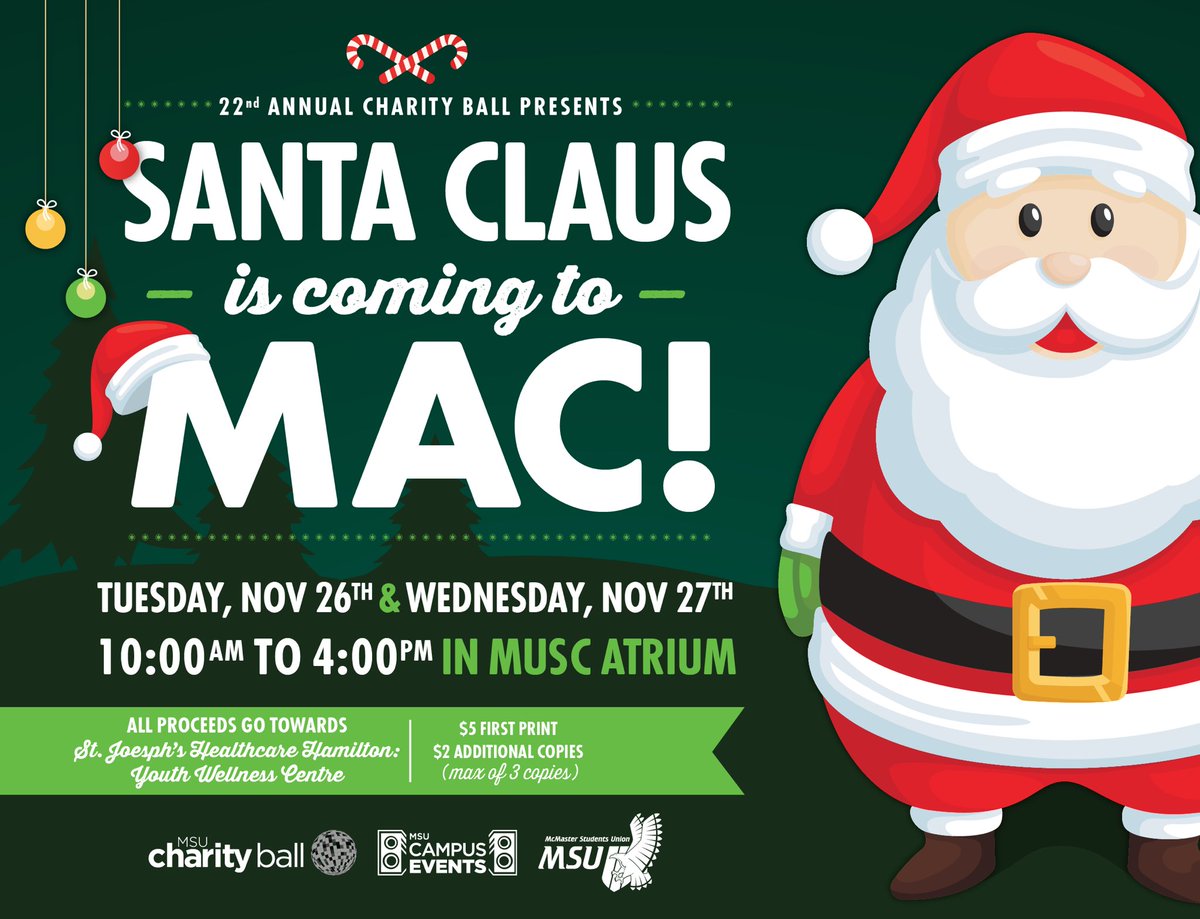 msucampusevents's tweet photo. SANTA AT MAC IS BACK!!!

Join us November 26th and 27th from 10AM-4PM in MUSC Atrium to get your picture taken with Santa🎅❄️

#McSU #MSUCampusEvents https://t.co/t2ReImF25P